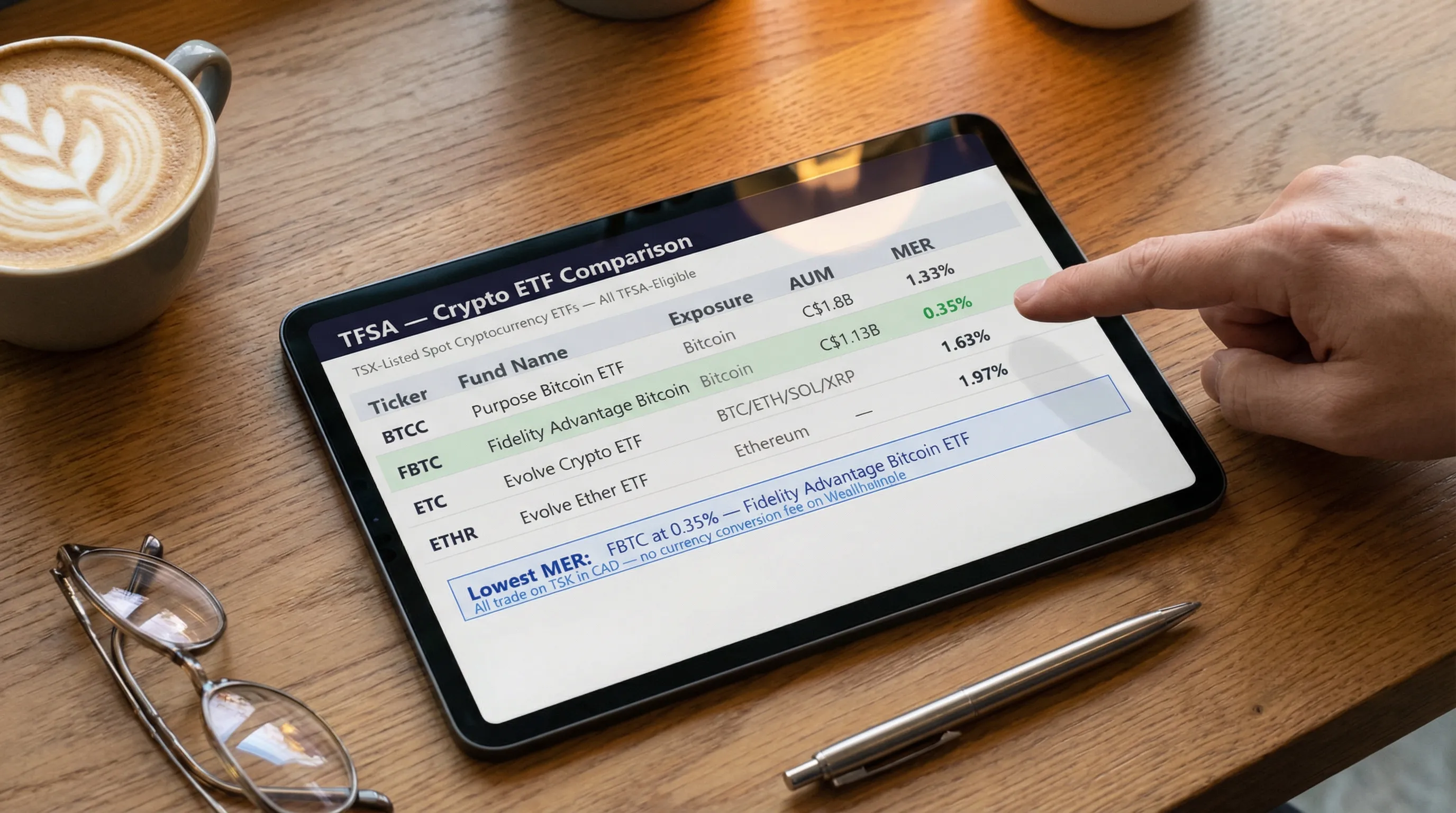 Digital tablet on a warm cafe table displaying a comparison of four Canadian crypto ETFs, BTCC at 1.33% MER, FBTC at 0.35%, ETC at 1.63%, and ETHR at 1.97%, with a finger pointing at FBTC as the lowest-fee option