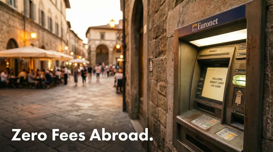 ATM on a European cobblestone piazza at golden hour, Wealthsimple Cash charges zero foreign transaction fees and reimburses all ATM fees worldwide