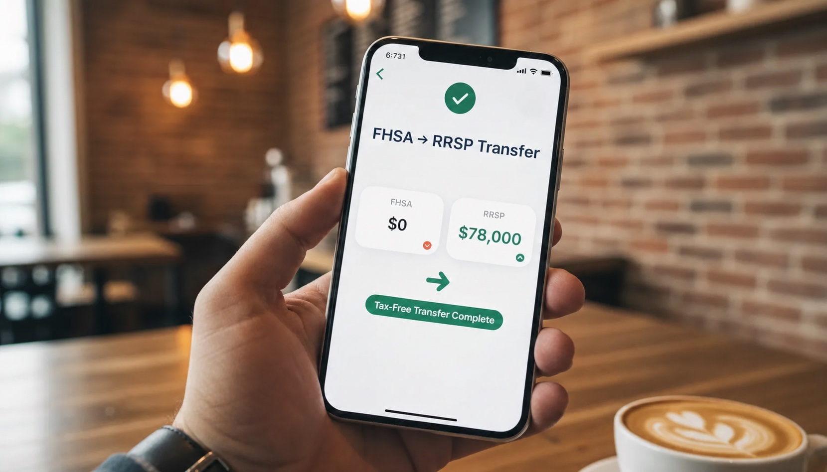 Brand-neutral illustration of a completed FHSA-to-RRSP transfer in a generic investing app