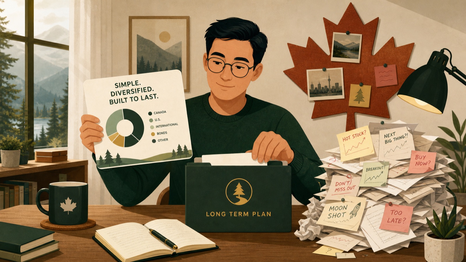 Original illustration of a Canadian investor choosing a simple diversified long-term plan over stock-picking clutter